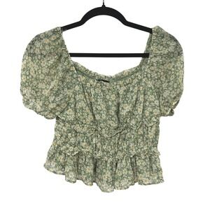 Green Daisy‎ Floral Milkmaid Babydoll Blouse L Puff Sleeve Cottagecore Coquette